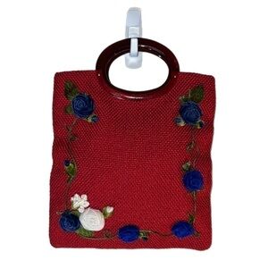 Excellent 🌟VTG JR 1950s Suede Roses Weaved Bag Lucite Handles Made in USA Red